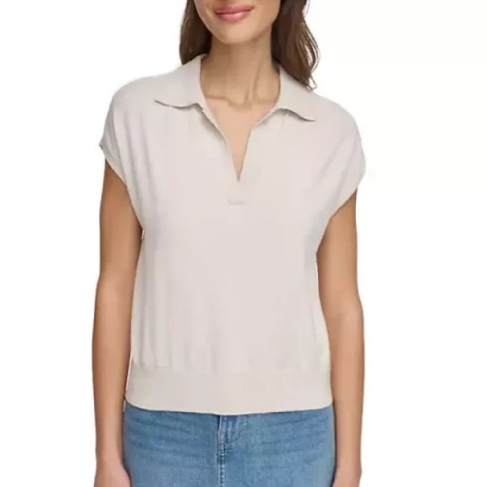 DKNY Modern Fit Cream Sleeveless Collared Sweater XXL